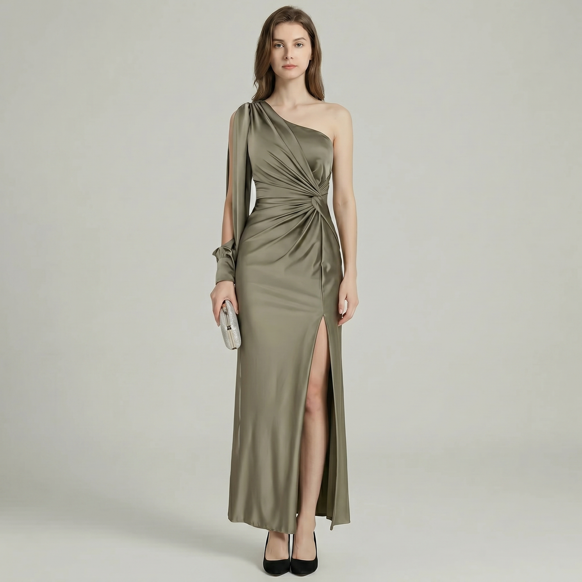 One Shoulder Satin Slit Maxi Dress