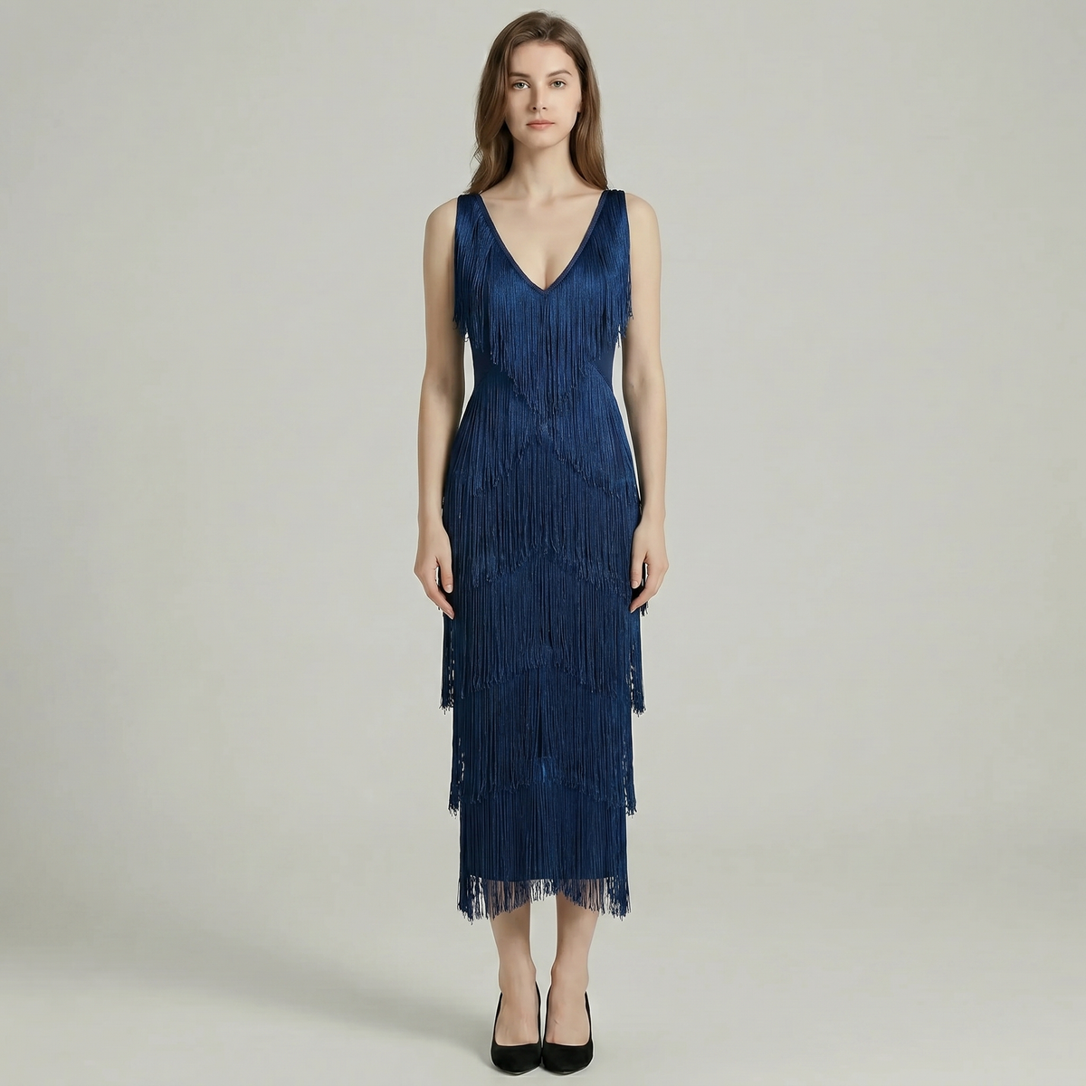 Fringe Beaded V-Neck Midi Dress