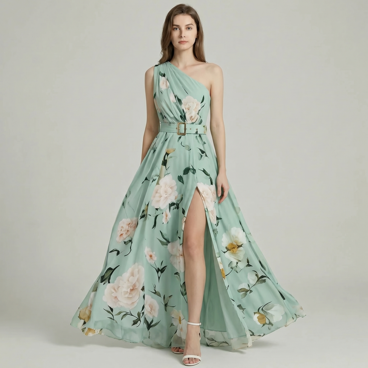 Floral Print One Shoulder Slit Maxi Dress