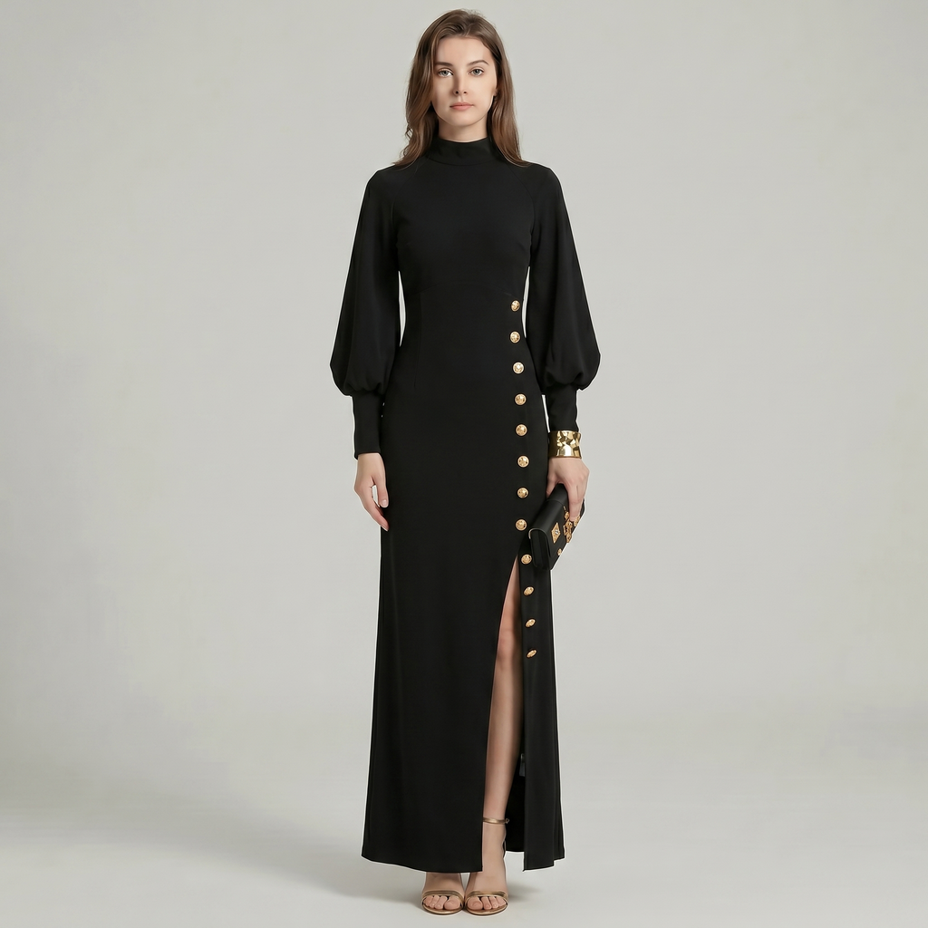 Gold Button Turtleneck Maxi Dress