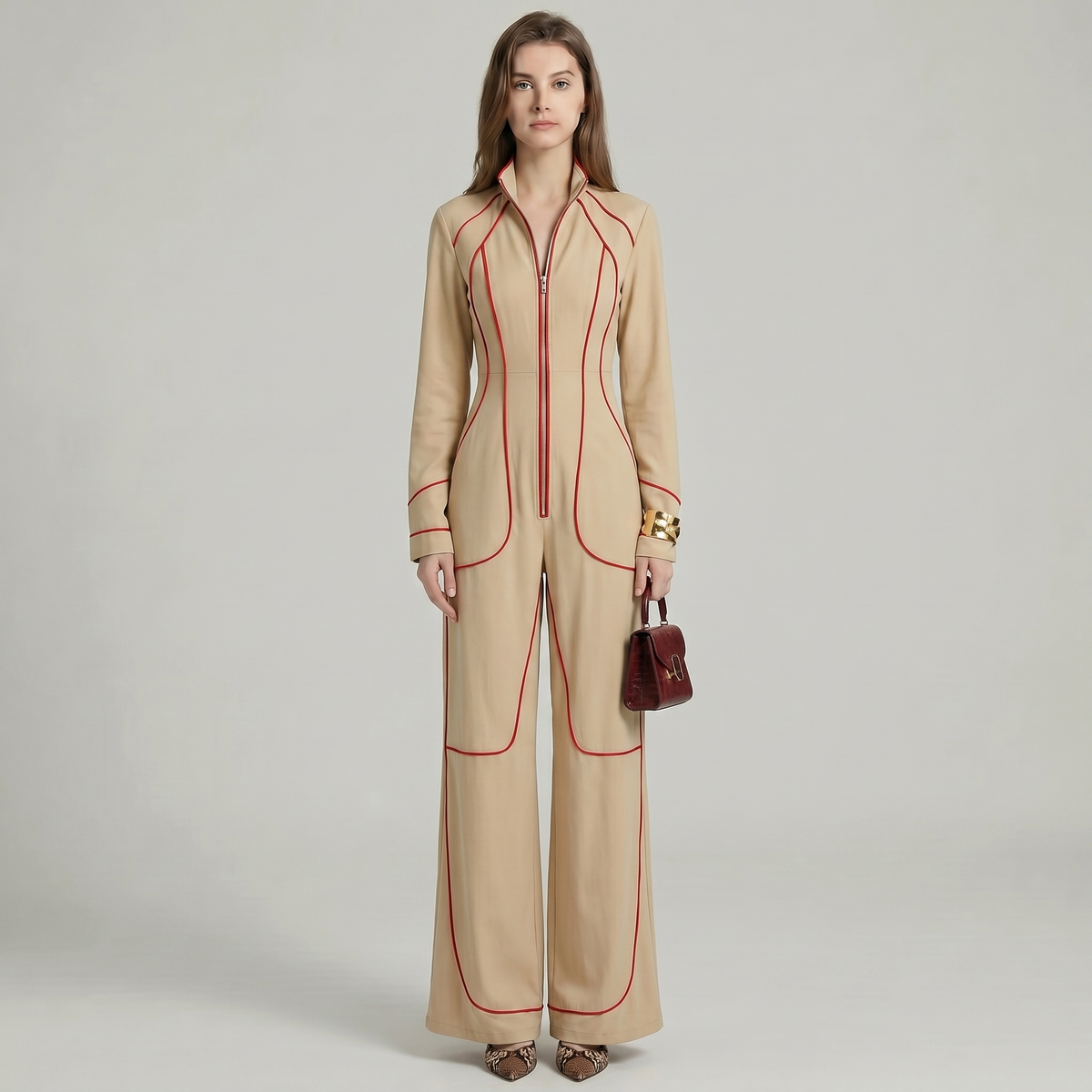 Zip-Up Wide Leg Pant Suit