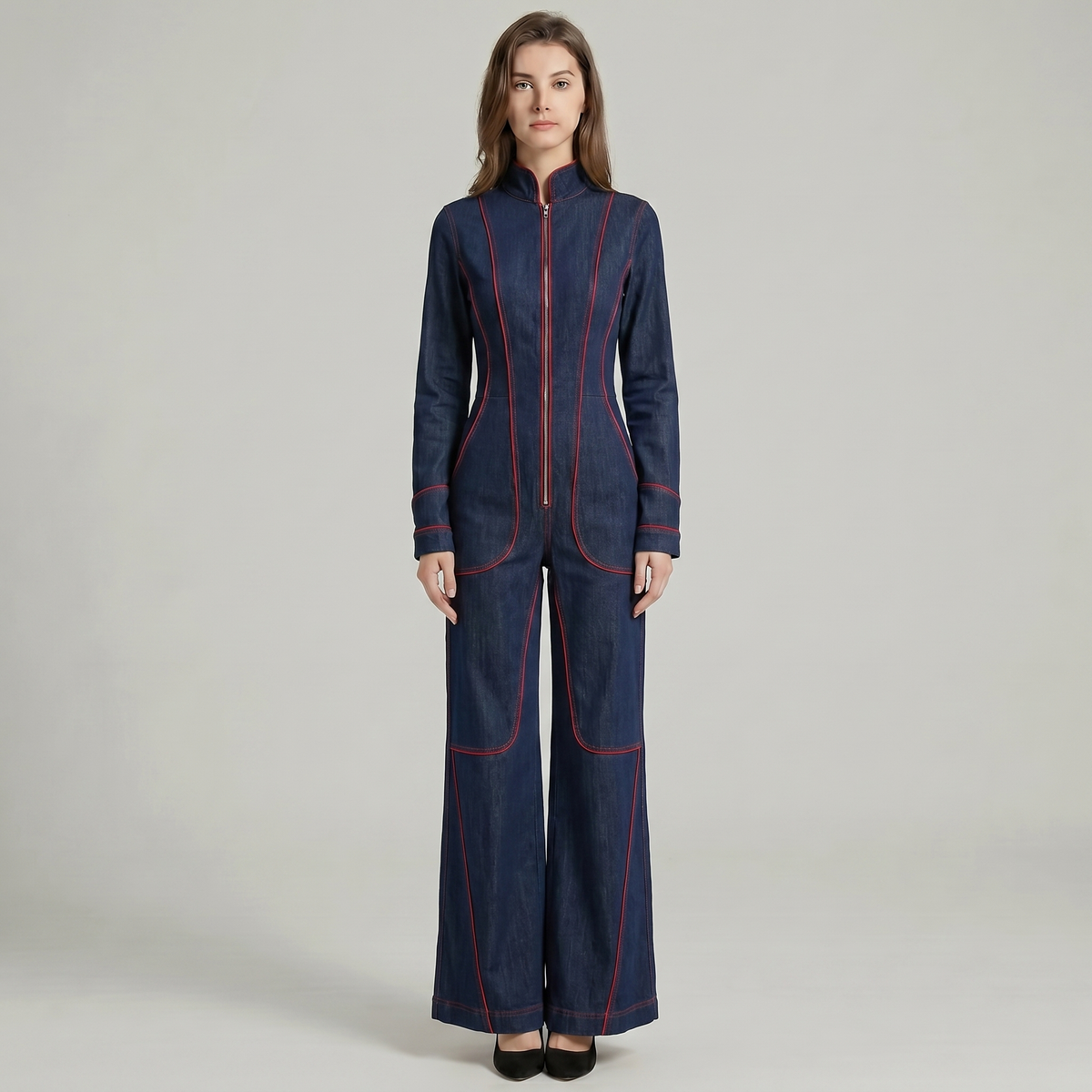 Zip-Up Wide Leg Pant Suit