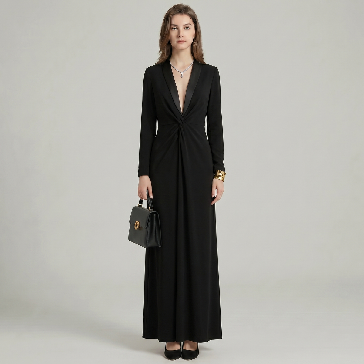 Tuxedo Lapel Deep V Twist Maxi Dress