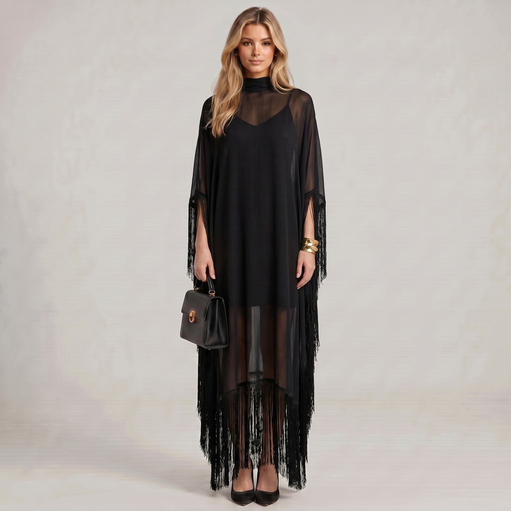 Feather Trim Turtleneck Cape Maxi Dress