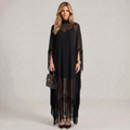 Feather Trim Turtleneck Cape Maxi Dress
