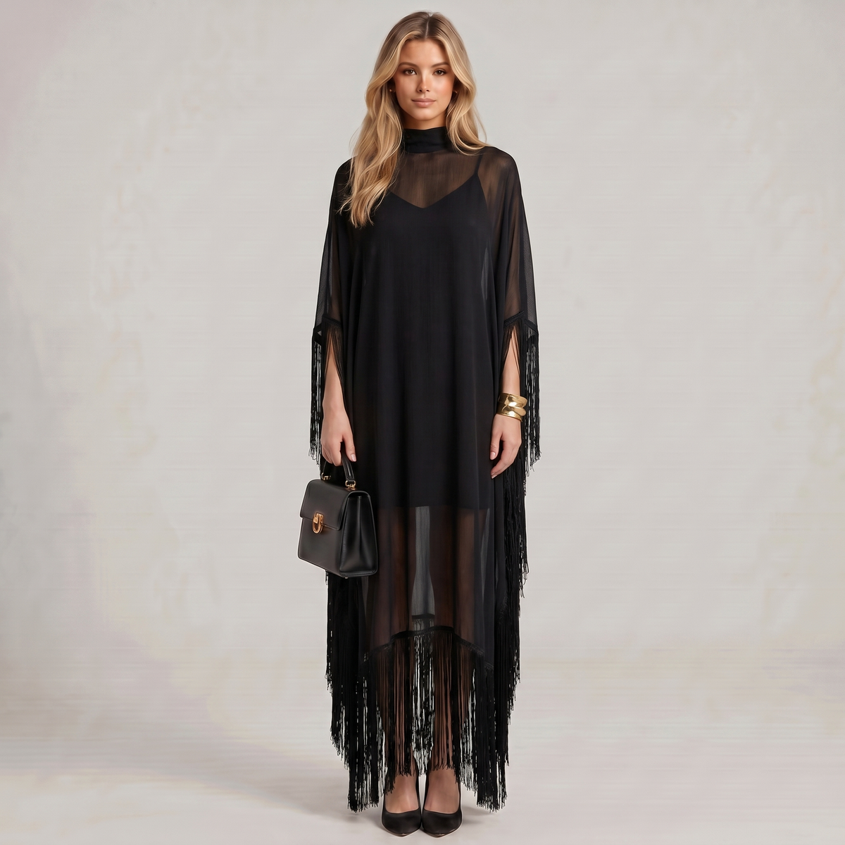 Feather Trim Turtleneck Cape Maxi Dress